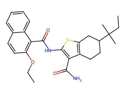 2-[(2-ethoxynaphthalene-1-carbonyl)amino]-6-(2-methylbutan-2-yl)-4,5,6,7-tetrahydro-1-benzothiophene-3-carboxamide structure