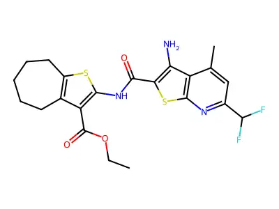ethyl 2-({[3-amino-6-(difluoromethyl)-4-methylthieno[2,3-b]pyridin-2-yl]carbonyl}amino)-5,6,7,8-tetrahydro-4H-cyclohepta[b]thiophene-3-carboxylate structure