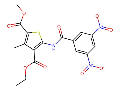 4-ethyl 2-methyl 5-({3,5-dinitrobenzoyl}amino)-3-methyl-2,4-thiophenedicarboxylate structure
