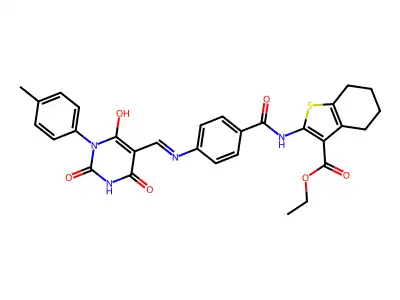 ethyl 2-({[4-({(Z)-[1-(4-methylphenyl)-2,4,6-trioxotetrahydropyrimidin-5(2H)-ylidene]methyl}amino)phenyl]carbonyl}amino)-4,5,6,7-tetrahydro-1-benzothiophene-3-carboxylate structure