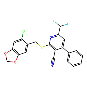 2-[(6-chloro-1,3-benzodioxol-5-yl)methylsulfanyl]-6-(difluoromethyl)-4-phenylpyridine-3-carbonitrile structure