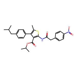 isopropyl 2-[({4-nitrophenyl}acetyl)amino]-4-(4-isobutylphenyl)-5-methyl-3-thiophenecarboxylate structure