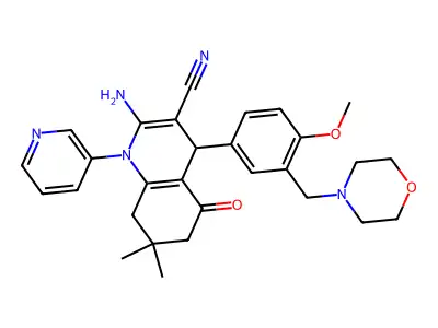 2-amino-4-[4-methoxy-3-(morpholin-4-ylmethyl)phenyl]-7,7-dimethyl-5-oxo-1-pyridin-3-yl-6,8-dihydro-4H-quinoline-3-carbonitrile structure