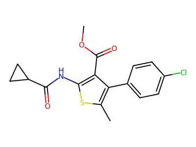 methyl 4-(4-chlorophenyl)-2-(cyclopropanecarbonylamino)-5-methylthiophene-3-carboxylate structure