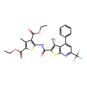 diethyl 5-({[3-amino-4-phenyl-6-(trifluoromethyl)thieno[2,3-b]pyridin-2-yl]carbonyl}amino)-3-methylthiophene-2,4-dicarboxylate structure