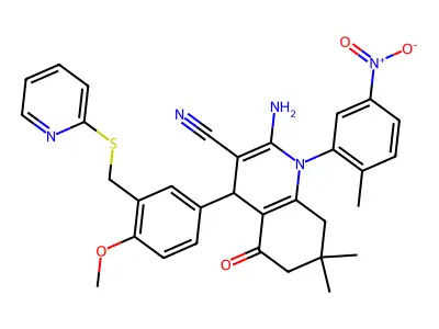 2-amino-4-[4-methoxy-3-(pyridin-2-ylsulfanylmethyl)phenyl]-7,7-dimethyl-1-(2-methyl-5-nitrophenyl)-5-oxo-6,8-dihydro-4H-quinoline-3-carbonitrile structure