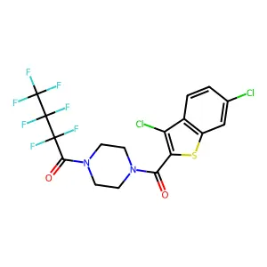 1-[4-(3,6-dichloro-1-benzothiophene-2-carbonyl)piperazin-1-yl]-2,2,3,3,4,4,4-heptafluorobutan-1-one structure