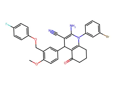 2-amino-1-(3-bromophenyl)-4-[3-[(4-fluorophenoxy)methyl]-4-methoxyphenyl]-5-oxo-4,6,7,8-tetrahydroquinoline-3-carbonitrile structure