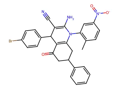 2-amino-4-(4-bromophenyl)-1-(2-methyl-5-nitrophenyl)-5-oxo-7-phenyl-1,4,5,6,7,8-hexahydroquinoline-3-carbonitrile structure