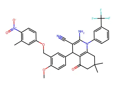 2-amino-4-[4-methoxy-3-[(3-methyl-4-nitrophenoxy)methyl]phenyl]-7,7-dimethyl-5-oxo-1-[3-(trifluoromethyl)phenyl]-6,8-dihydro-4H-quinoline-3-carbonitrile structure