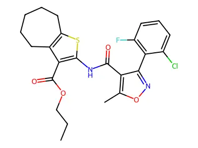 propyl 2-({[3-(2-chloro-6-fluorophenyl)-5-methyl-4-isoxazolyl]carbonyl}amino)-5,6,7,8-tetrahydro-4H-cyclohepta[b]thiophene-3-carboxylate structure