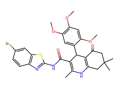 N-(6-bromo-1,3-benzothiazol-2-yl)-2,7,7-trimethyl-5-oxo-4-(2,4,5-trimethoxyphenyl)-1,4,5,6,7,8-hexahydroquinoline-3-carboxamide structure