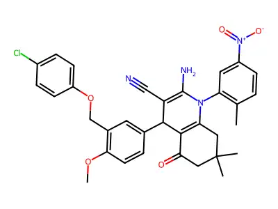 2-amino-4-[3-[(4-chlorophenoxy)methyl]-4-methoxyphenyl]-7,7-dimethyl-1-(2-methyl-5-nitrophenyl)-5-oxo-6,8-dihydro-4H-quinoline-3-carbonitrile structure