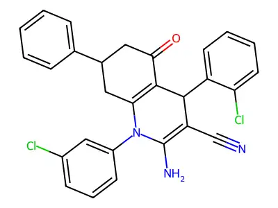 2-amino-4-(2-chlorophenyl)-1-(3-chlorophenyl)-5-oxo-7-phenyl-1,4,5,6,7,8-hexahydroquinoline-3-carbonitrile structure