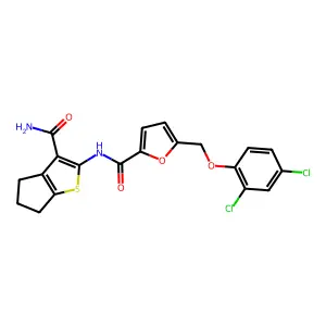N-(3-carbamoyl-5,6-dihydro-4H-cyclopenta[b]thiophen-2-yl)-5-[(2,4-dichlorophenoxy)methyl]furan-2-carboxamide structure
