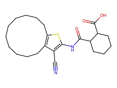 2-[(3-cyano-4,5,6,7,8,9,10,11,12,13-decahydrocyclododeca[b]thiophen-2-yl)carbamoyl]cyclohexane-1-carboxylic acid structure