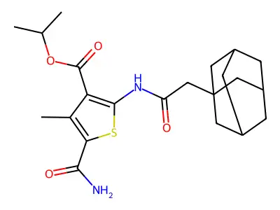 propan-2-yl 2-[[2-(1-adamantyl)acetyl]amino]-5-carbamoyl-4-methylthiophene-3-carboxylate structure