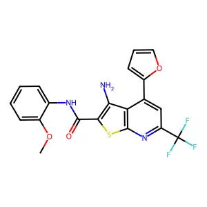 3-amino-4-(furan-2-yl)-N-(2-methoxyphenyl)-6-(trifluoromethyl)thieno[2,3-b]pyridine-2-carboxamide structure