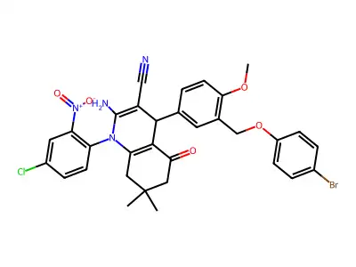2-amino-4-{3-[(4-bromophenoxy)methyl]-4-methoxyphenyl}-1-{4-chloro-2-nitrophenyl}-7,7-dimethyl-5-oxo-1,4,5,6,7,8-hexahydro-3-quinolinecarbonitrile structure
