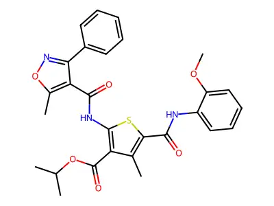 isopropyl 5-[(2-methoxyanilino)carbonyl]-4-methyl-2-{[(5-methyl-3-phenyl-4-isoxazolyl)carbonyl]amino}-3-thiophenecarboxylate structure