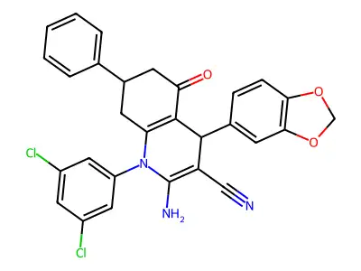 2-amino-4-(1,3-benzodioxol-5-yl)-1-(3,5-dichlorophenyl)-5-oxo-7-phenyl-1,4,5,6,7,8-hexahydro-3-quinolinecarbonitrile structure