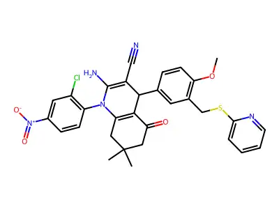 2-amino-1-(2-chloro-4-nitrophenyl)-4-[4-methoxy-3-(pyridin-2-ylsulfanylmethyl)phenyl]-7,7-dimethyl-5-oxo-6,8-dihydro-4H-quinoline-3-carbonitrile structure