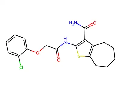 2-[[2-(2-chlorophenoxy)acetyl]amino]-5,6,7,8-tetrahydro-4H-cyclohepta[b]thiophene-3-carboxamide structure