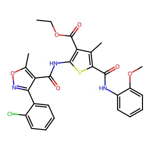 ethyl 2-[[3-(2-chlorophenyl)-5-methyl-1,2-oxazole-4-carbonyl]amino]-5-[(2-methoxyphenyl)carbamoyl]-4-methylthiophene-3-carboxylate structure