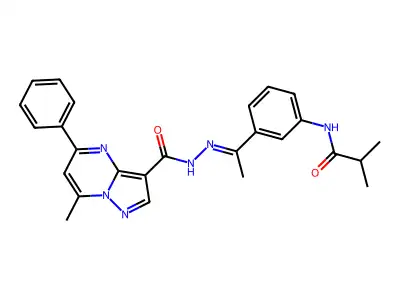 7-methyl-N-[(E)-1-[3-(2-methylpropanoylamino)phenyl]ethylideneamino]-5-phenylpyrazolo[1,5-a]pyrimidine-3-carboxamide structure