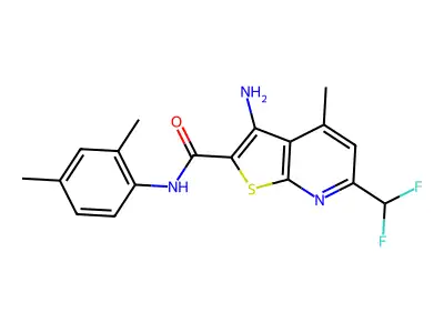3-amino-6-(difluoromethyl)-N-(2,4-dimethylphenyl)-4-methylthieno[2,3-b]pyridine-2-carboxamide structure