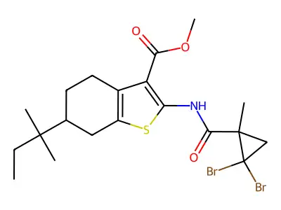 methyl 2-[(2,2-dibromo-1-methylcyclopropanecarbonyl)amino]-6-(2-methylbutan-2-yl)-4,5,6,7-tetrahydro-1-benzothiophene-3-carboxylate structure