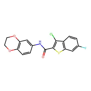 3-chloro-N-(2,3-dihydro-1,4-benzodioxin-6-yl)-6-fluoro-1-benzothiophene-2-carboxamide structure