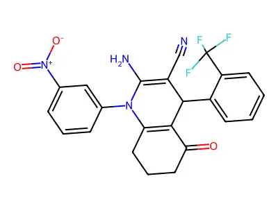 2-amino-1-(3-nitrophenyl)-5-oxo-4-[2-(trifluoromethyl)phenyl]-4,6,7,8-tetrahydroquinoline-3-carbonitrile structure