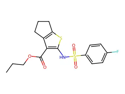 propyl 2-{[(4-fluorophenyl)sulfonyl]amino}-5,6-dihydro-4H-cyclopenta[b]thiophene-3-carboxylate structure