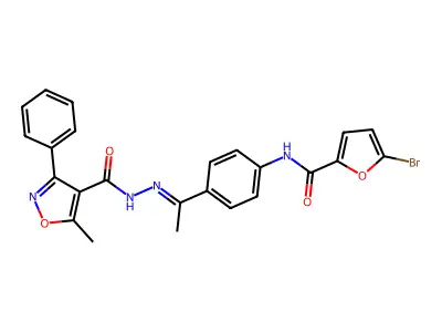N-[(E)-1-[4-[(5-bromofuran-2-carbonyl)amino]phenyl]ethylideneamino]-5-methyl-3-phenyl-1,2-oxazole-4-carboxamide structure