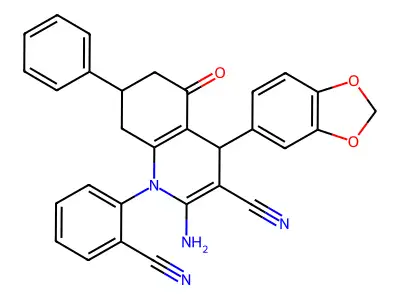 2-amino-4-(1,3-benzodioxol-5-yl)-1-(2-cyanophenyl)-5-oxo-7-phenyl-1,4,5,6,7,8-hexahydro-3-quinolinecarbonitrile structure