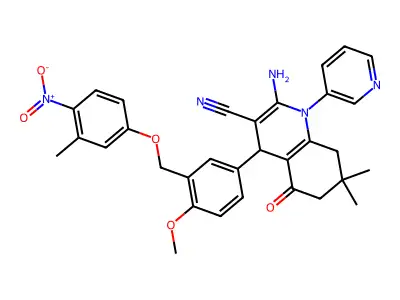 2-amino-4-[4-methoxy-3-[(3-methyl-4-nitrophenoxy)methyl]phenyl]-7,7-dimethyl-5-oxo-1-pyridin-3-yl-6,8-dihydro-4H-quinoline-3-carbonitrile structure