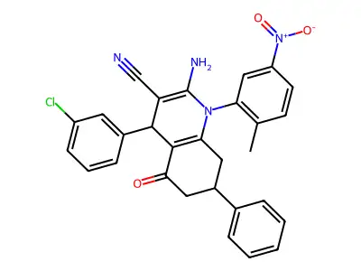2-amino-4-(3-chlorophenyl)-1-(2-methyl-5-nitrophenyl)-5-oxo-7-phenyl-1,4,5,6,7,8-hexahydroquinoline-3-carbonitrile structure