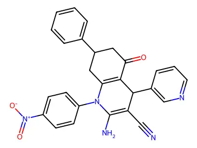 2-amino-1-(4-nitrophenyl)-5-oxo-7-phenyl-4-(pyridin-3-yl)-1,4,5,6,7,8-hexahydroquinoline-3-carbonitrile structure