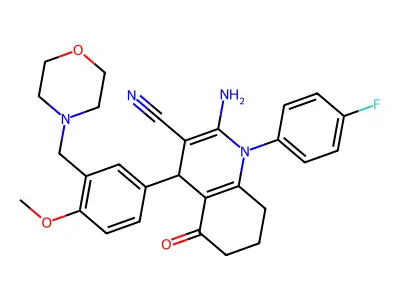 2-amino-1-(4-fluorophenyl)-4-[4-methoxy-3-(morpholin-4-ylmethyl)phenyl]-5-oxo-4,6,7,8-tetrahydroquinoline-3-carbonitrile structure