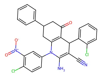 2-amino-1-{4-chloro-3-nitrophenyl}-4-(2-chlorophenyl)-5-oxo-7-phenyl-1,4,5,6,7,8-hexahydroquinoline-3-carbonitrile structure