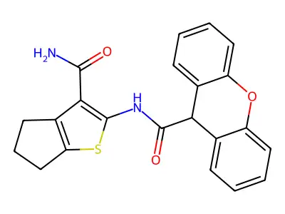 N-(3-carbamoyl-5,6-dihydro-4H-cyclopenta[b]thiophen-2-yl)-9H-xanthene-9-carboxamide structure