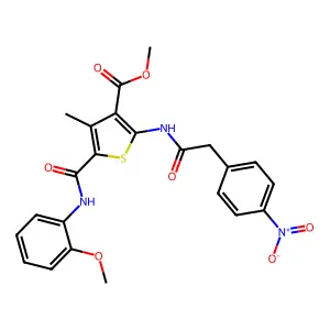 methyl 2-[({4-nitrophenyl}acetyl)amino]-5-[(2-methoxyanilino)carbonyl]-4-methyl-3-thiophenecarboxylate structure