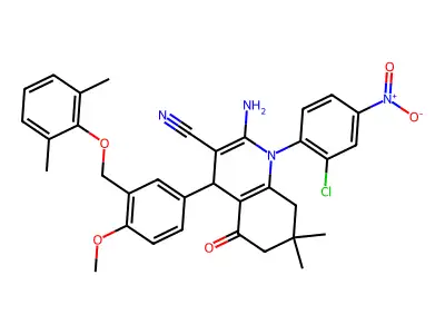 2-amino-1-{2-chloro-4-nitrophenyl}-4-{3-[(2,6-dimethylphenoxy)methyl]-4-methoxyphenyl}-7,7-dimethyl-5-oxo-1,4,5,6,7,8-hexahydroquinoline-3-carbonitrile structure