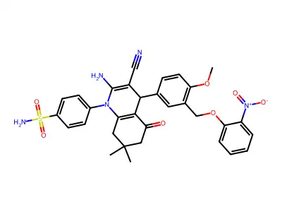 4-[2-amino-3-cyano-4-[4-methoxy-3-[(2-nitrophenoxy)methyl]phenyl]-7,7-dimethyl-5-oxo-6,8-dihydro-4H-quinolin-1-yl]benzenesulfonamide structure