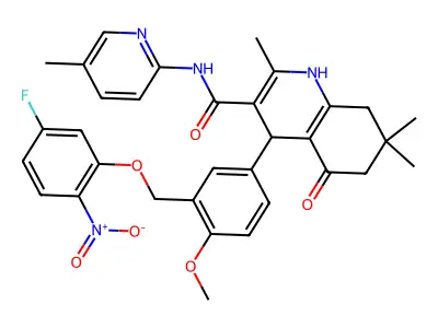 4-[3-[(5-fluoro-2-nitrophenoxy)methyl]-4-methoxyphenyl]-2,7,7-trimethyl-N-(5-methylpyridin-2-yl)-5-oxo-1,4,6,8-tetrahydroquinoline-3-carboxamide structure