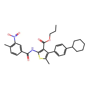 propyl 4-(4-cyclohexylphenyl)-2-({3-nitro-4-methylbenzoyl}amino)-5-methylthiophene-3-carboxylate structure