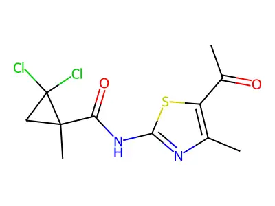 N-(5-acetyl-4-methyl-1,3-thiazol-2-yl)-2,2-dichloro-1-methylcyclopropanecarboxamide structure