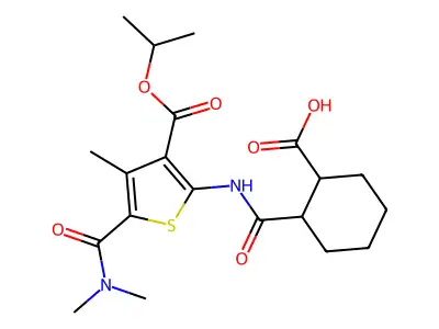 2-({5-(dimethylcarbamoyl)-4-methyl-3-[(propan-2-yloxy)carbonyl]thiophen-2-yl}carbamoyl)cyclohexanecarboxylic acid structure
