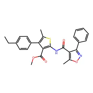 methyl 4-(4-ethylphenyl)-5-methyl-2-{[(5-methyl-3-phenyl-4-isoxazolyl)carbonyl]amino}-3-thiophenecarboxylate structure